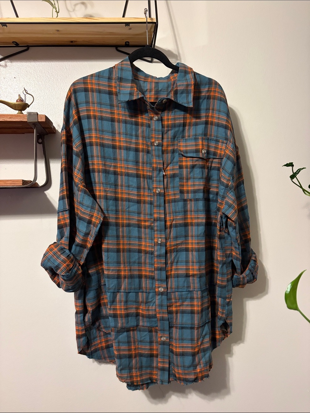 Plaid Button-Down Tunic Shirt - Blue & Orange